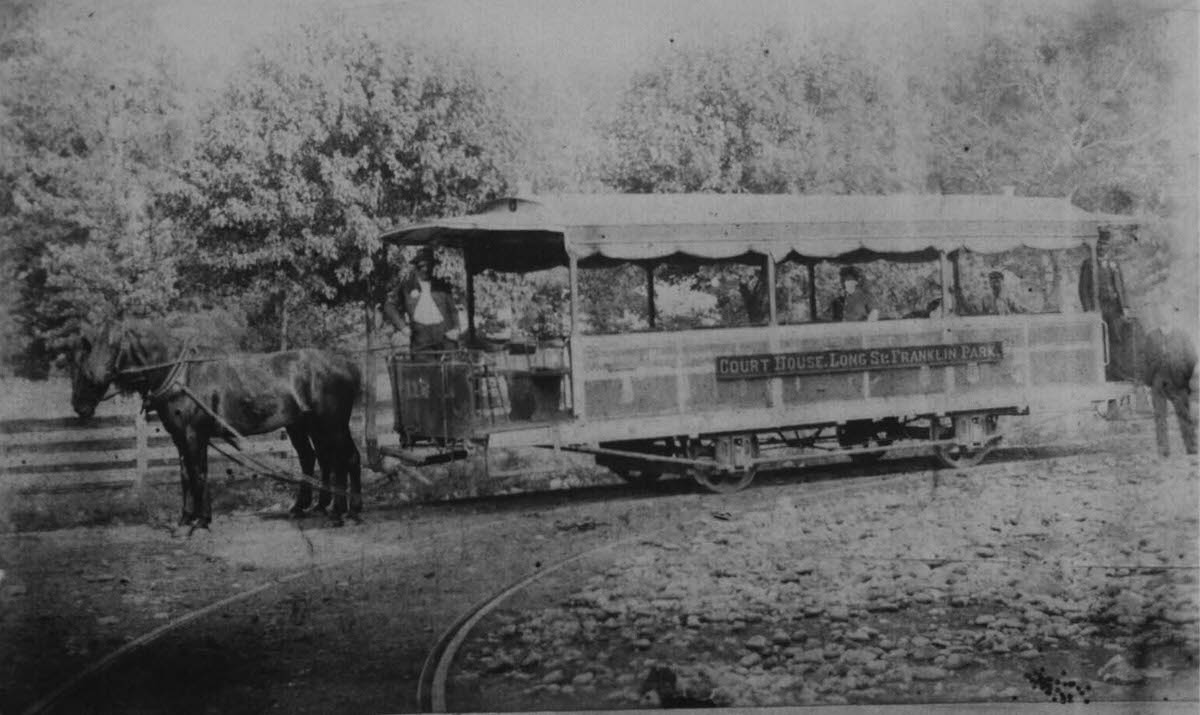 Horse Trolley before the old car barn, 1890.