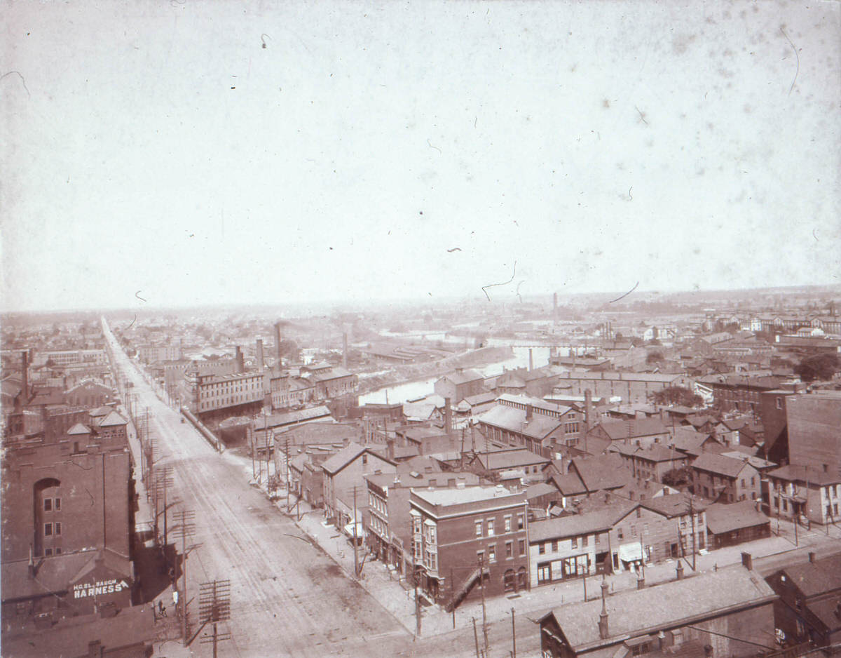 Aerial view of West Broad Street at Front Street, 1890
