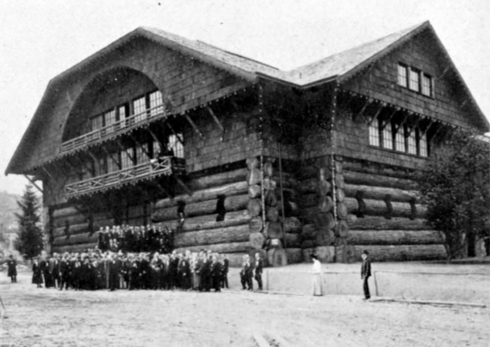 Exterior view of the Lewis and Clark Exposition Forestry Building, Portland, 1905.
