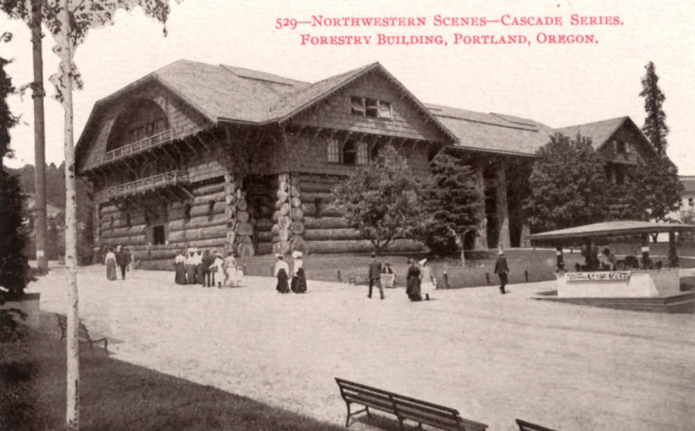 The immense Forestry Building is shown in 1905 during the Lewis & Clark Centennial Exposition, for which it was built.