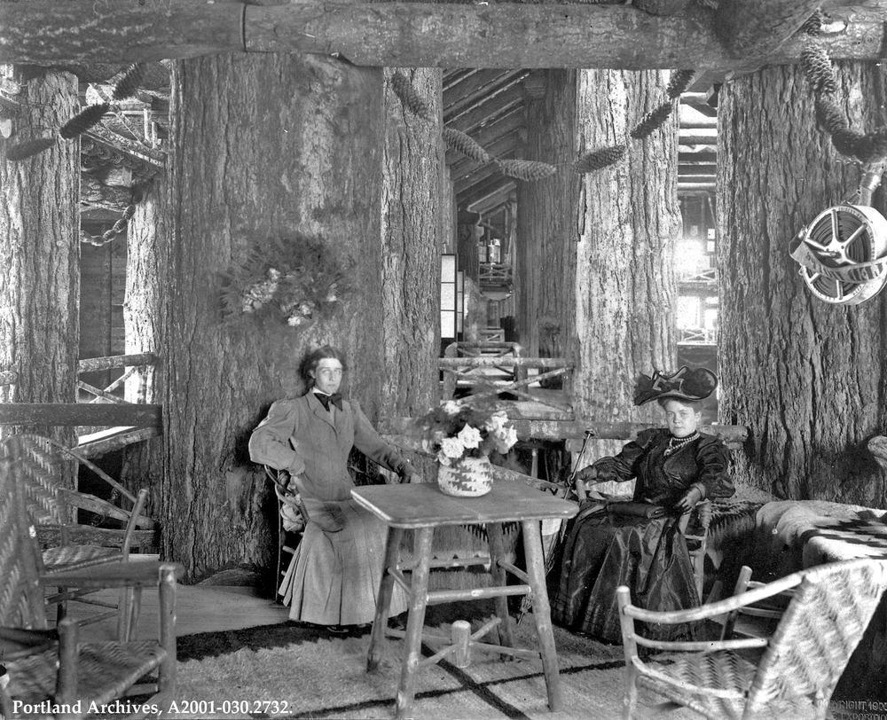 Two women sitting in the upper balcony of the Forestry Building, 1905. This image really displays how massive the support logs were.