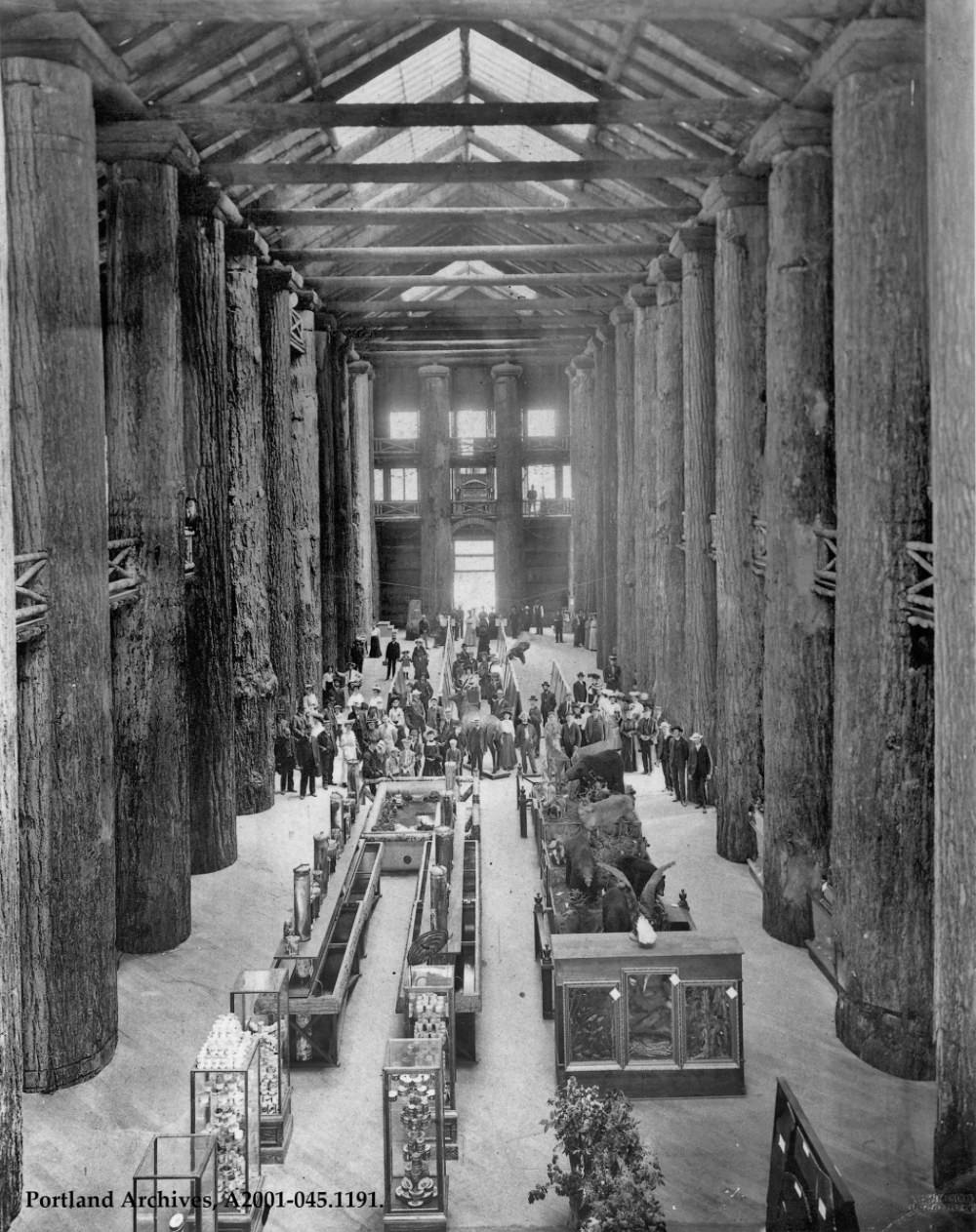 The interior of the Forestry Building at the Lewis and Clark Centennial Exposition, Portland, 1905.