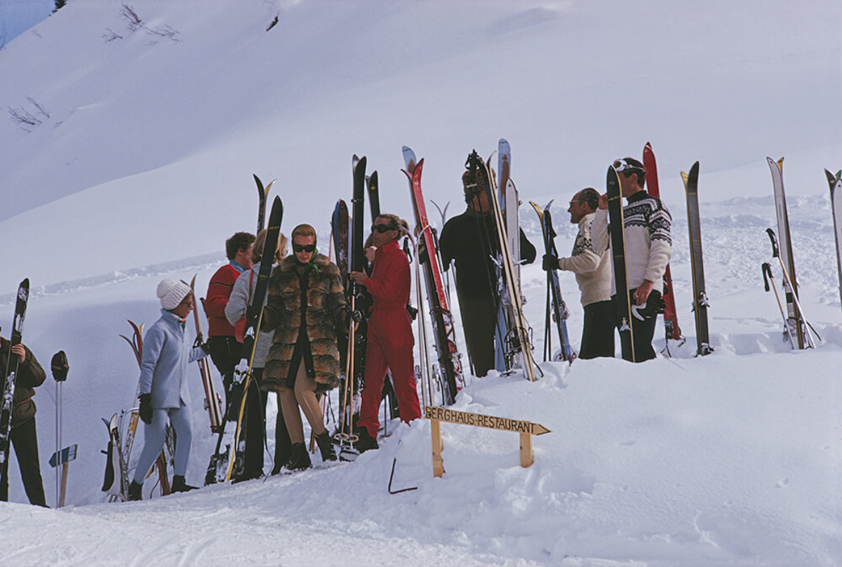 Skiers at Gstaad, Switzerland, March 1969.
