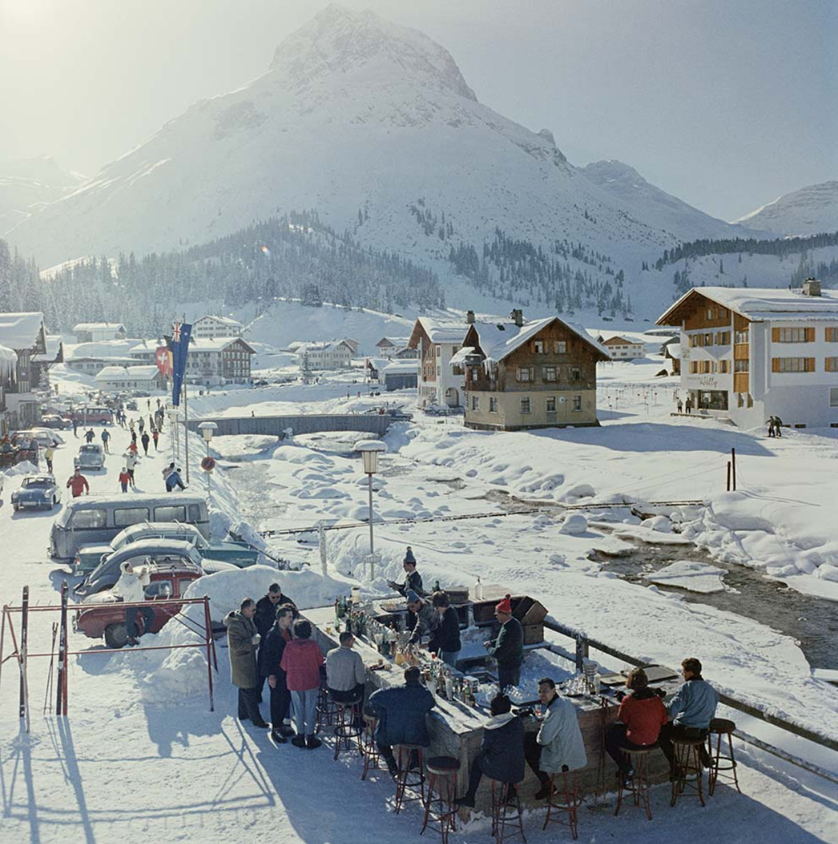 The Ice Bar at the Hotel Krone in Lech, Austria, 1960. The mountain in the background is the Omershorn.