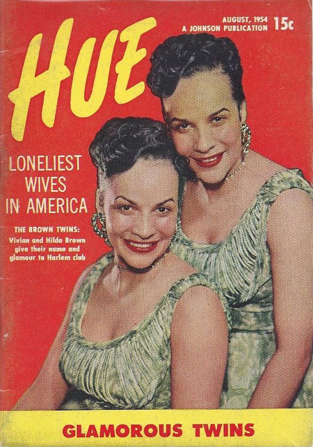 Glamorous Twins, Vivian and Hilda Brown, Hue magazine, August 1954
