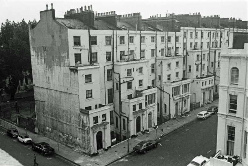 Rear of one side of Powis Square, London W11, 1977