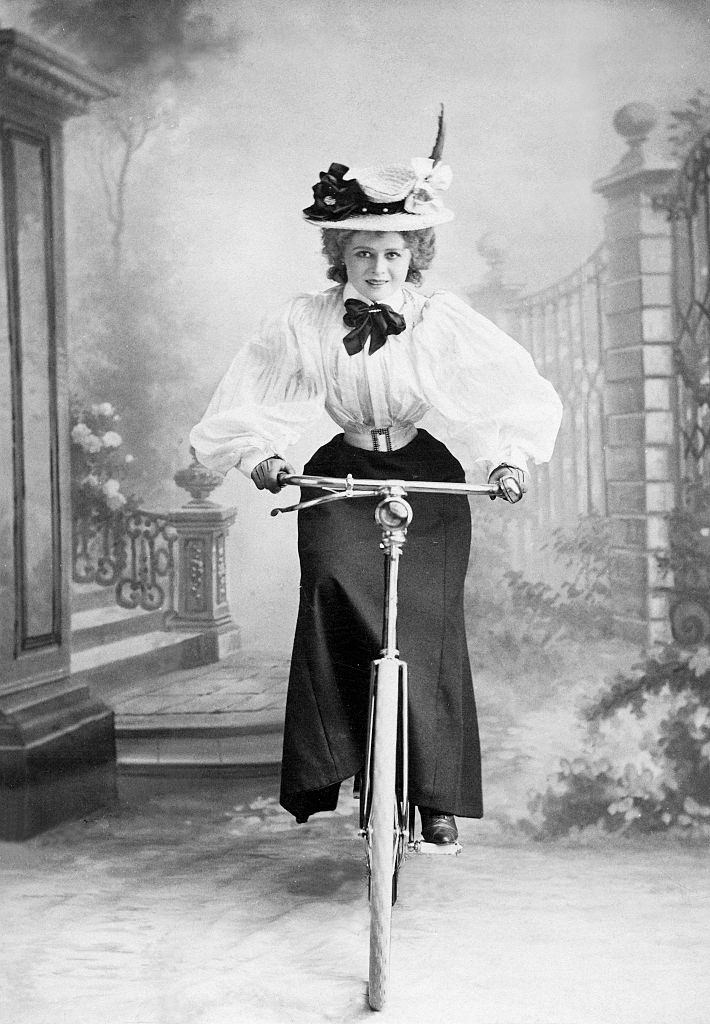 Mabel Love on a bicycle, 1905.