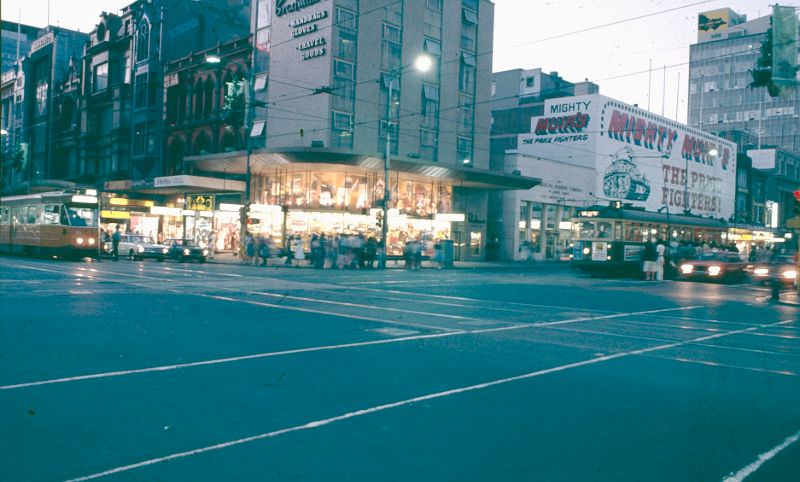 Intersection of Swanston and Bourke Streets, Melbourne, 1977