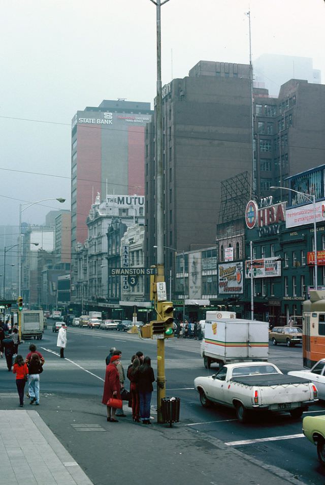 Flinders Street from the corner of Swanston Street, Melbourne, 1978