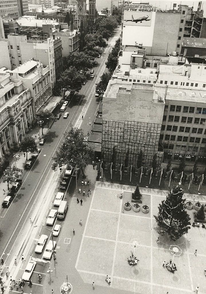 Aerial view of Collins Street in Melbourne looking west from the City Square on, 1972
