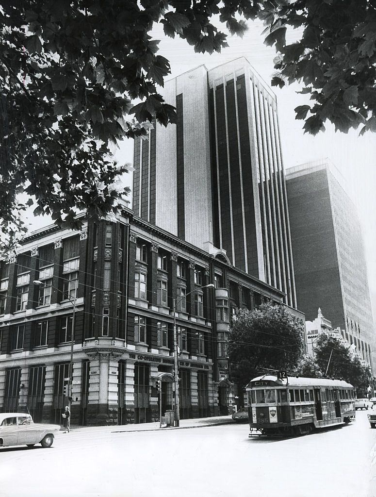 The corner of Collins and King Streets in Melbourne with the Co-operative Insura, 1973