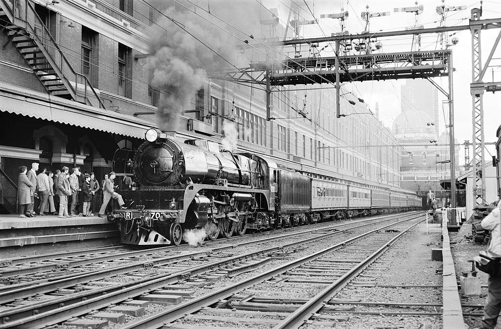 Locomotive at Flinders Street Station, Melbourne, Australia, 1970.