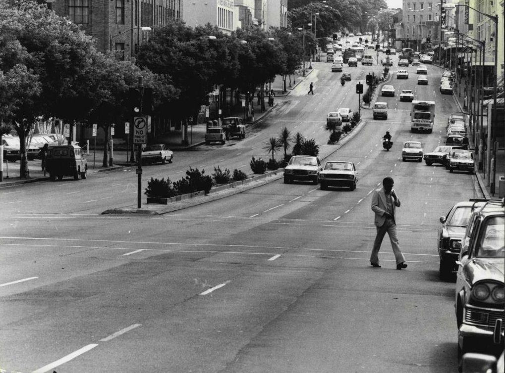 The Partially deserted scene on Broadway (Looking north) as the Melbourne Cup was running. November 02, 1976.