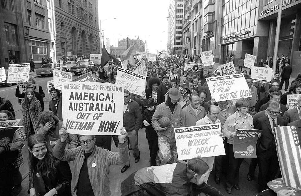 Australian Demonstrators March Against Vietnam War in Melbourne, 1971