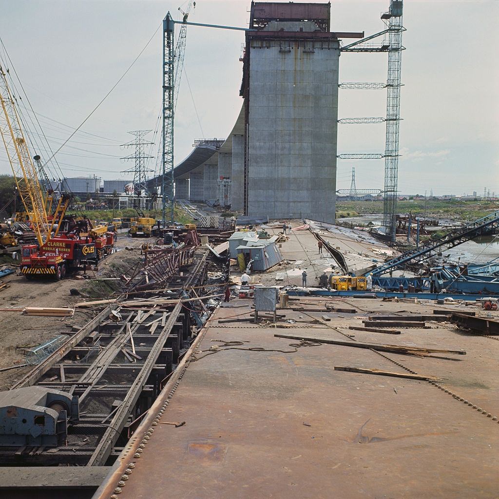 Collapsed span of the West Gate Bridge during construction of the cable-stayed bridge over the Yarra River in Melbourne, Australia in October 1970.