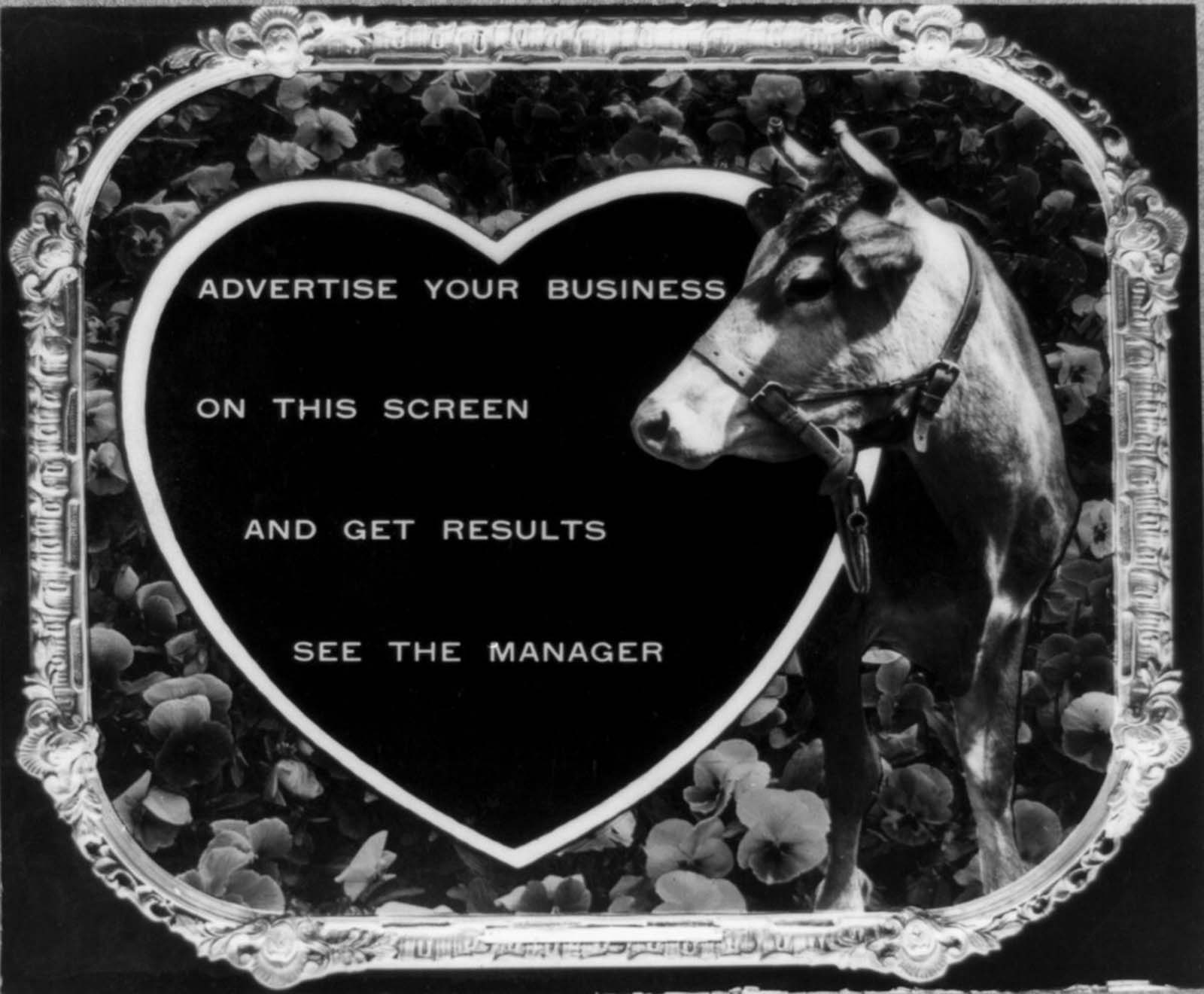 Posters were also used to advertise what the theater could do for local businesses, and encouraged people to ‘see the manager’