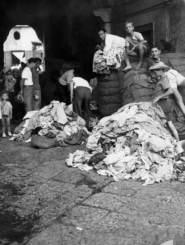 Second-hand clothes on display.