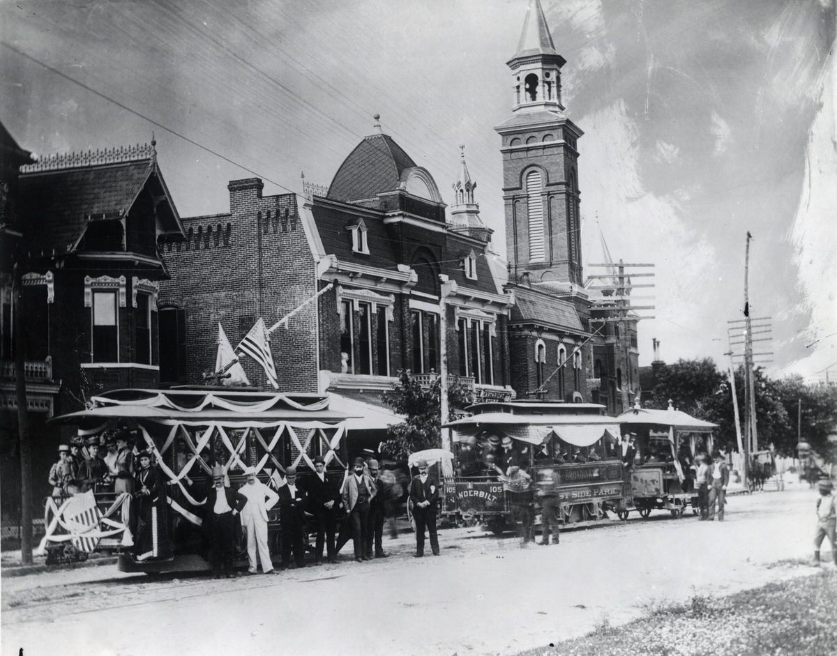 The inaugural run of Nashville's first electric streetcar at 16th Avenue and Broad, 1889
