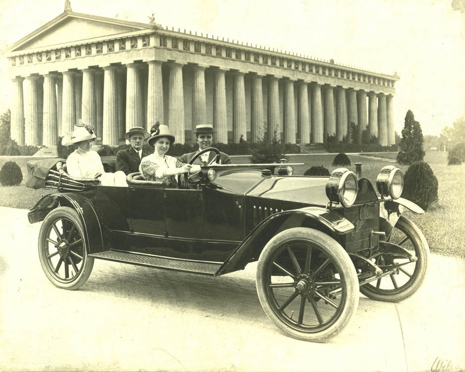 Two couples in a Hudson automobile at the Parthenon, Nashville, Tennessee, 1910
