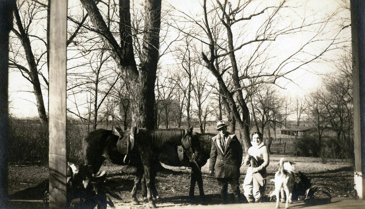 Elise Croft and Doug Cotton with horses at Grassmere, 1989