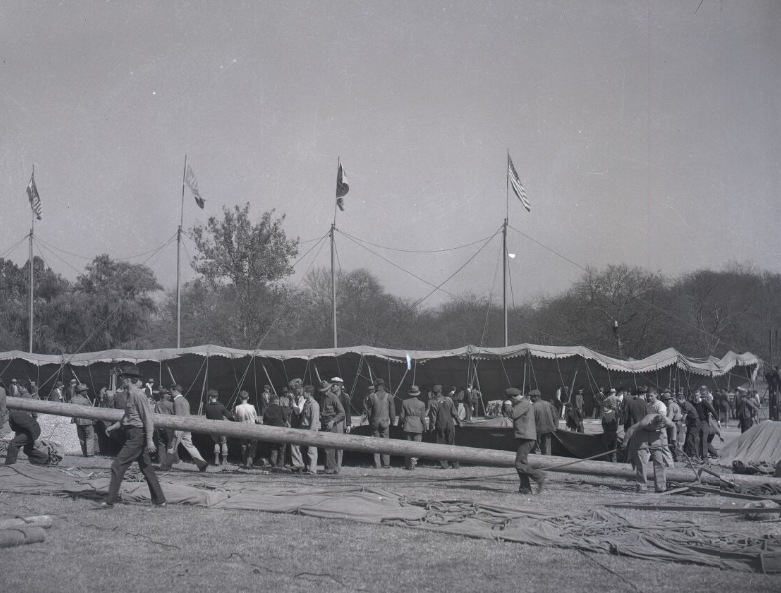 Circus people raising a tent, Nashville, Tennessee, 1938