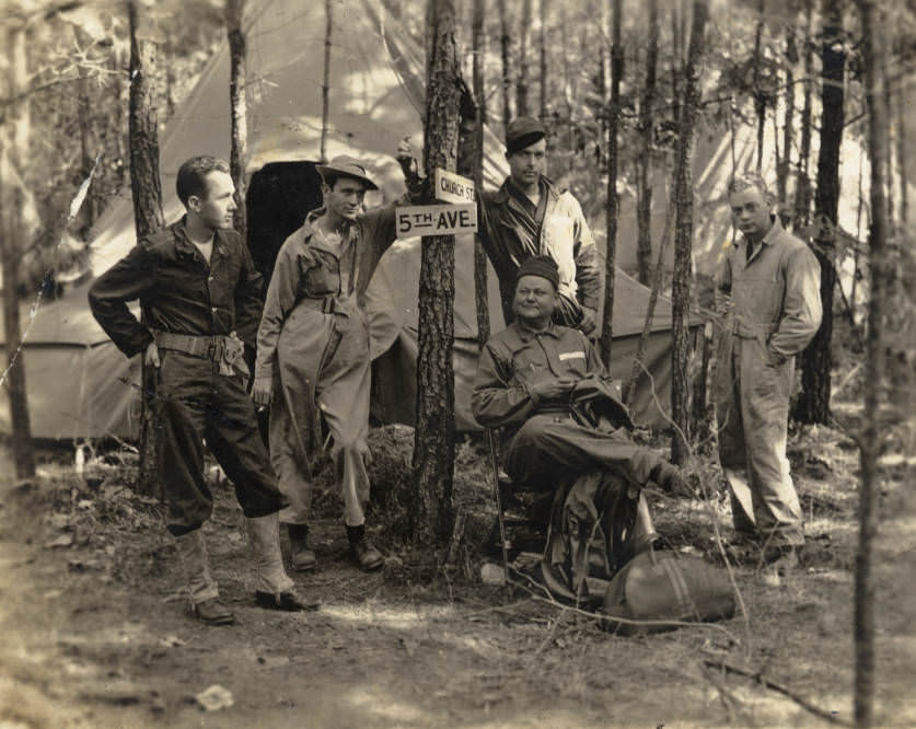 Group of five soldiers in woods during training, 1930s