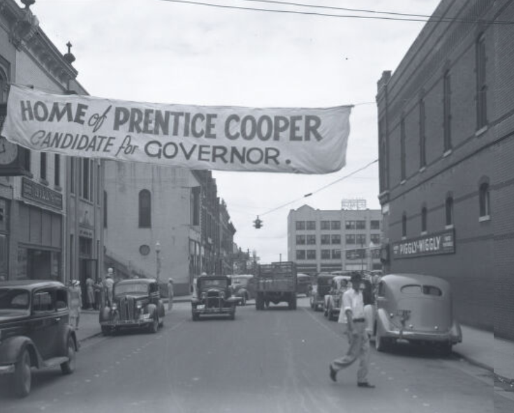 Prentice Cooper campaign banner, Shelbyville, Tennessee, 1938