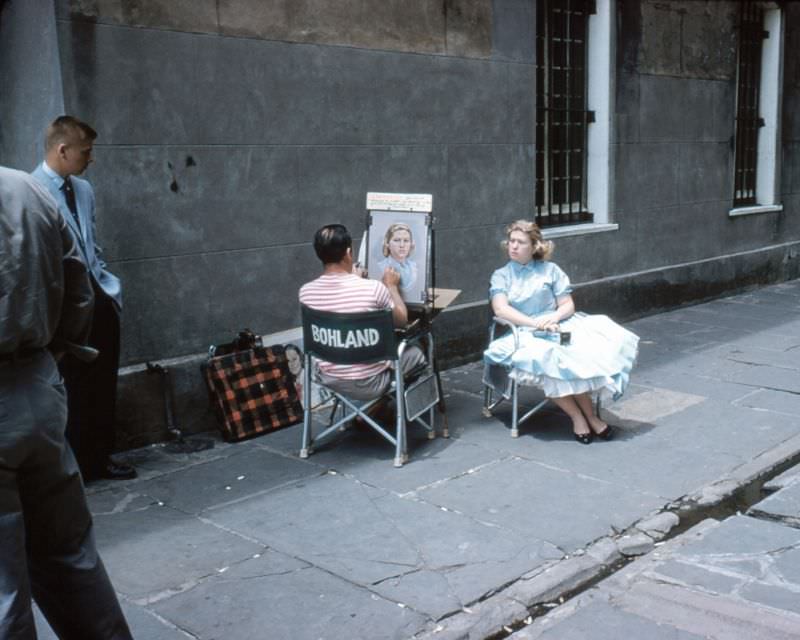 Bohland Pirate's Alley artist sketching girl, New Orleans, 1956.