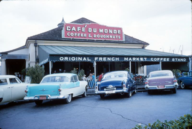 Cafe du Monde and parked cars, New Orleans, 1956.