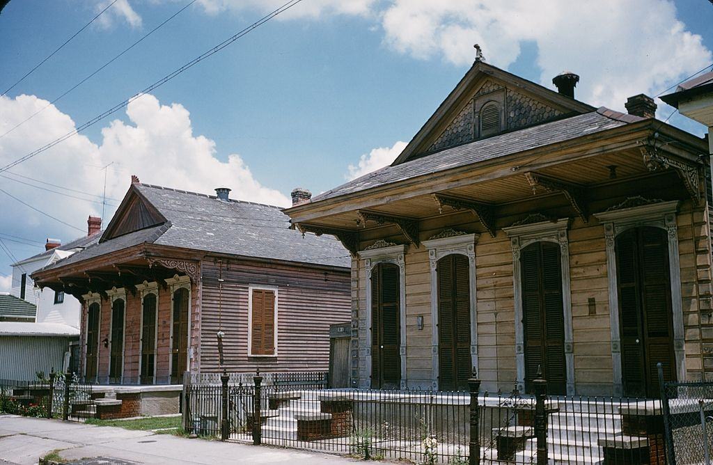 A street view of boarded up homes in New Orleans, 1957.