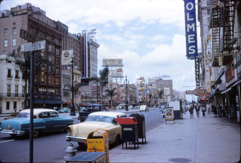 Canal Street with DH Holmes and Godchaux's, New Orleans, 1956.