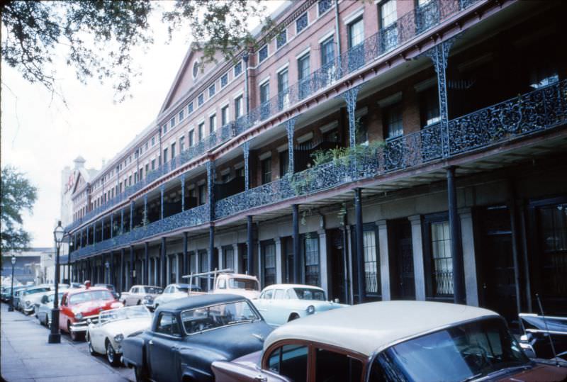Cars along Pontalba Apt street, New Orleans, 1956.