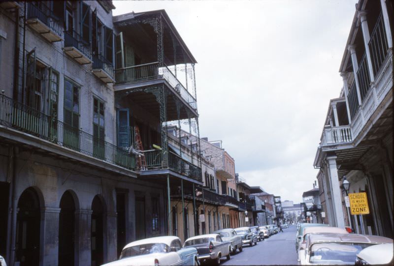 French Quarter Street with balconies, New Orleans, 1956.