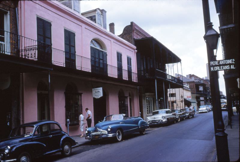 French Quarter Street with pink Antiques store, New Orleans, 1956.