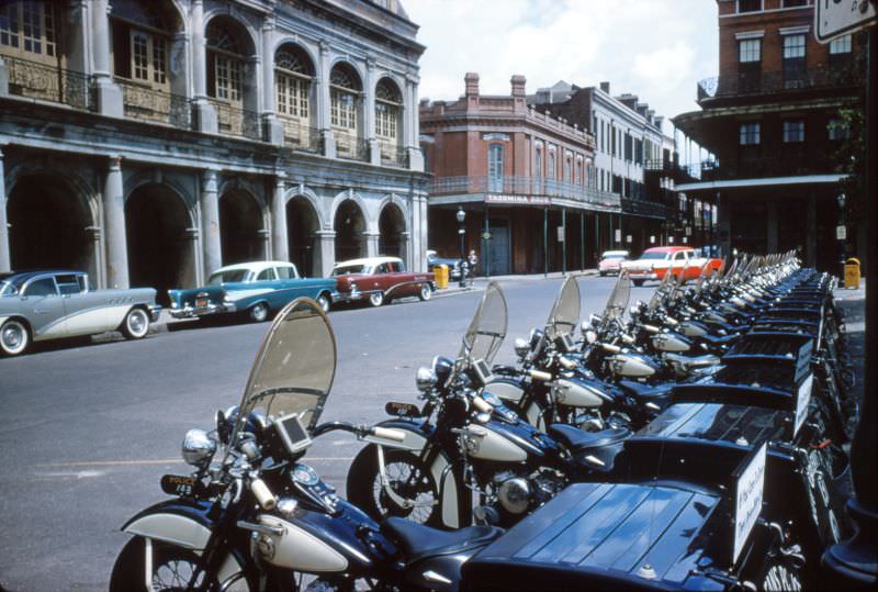 Police motorcycles across from the Presbytere, New Orleans, 1956.