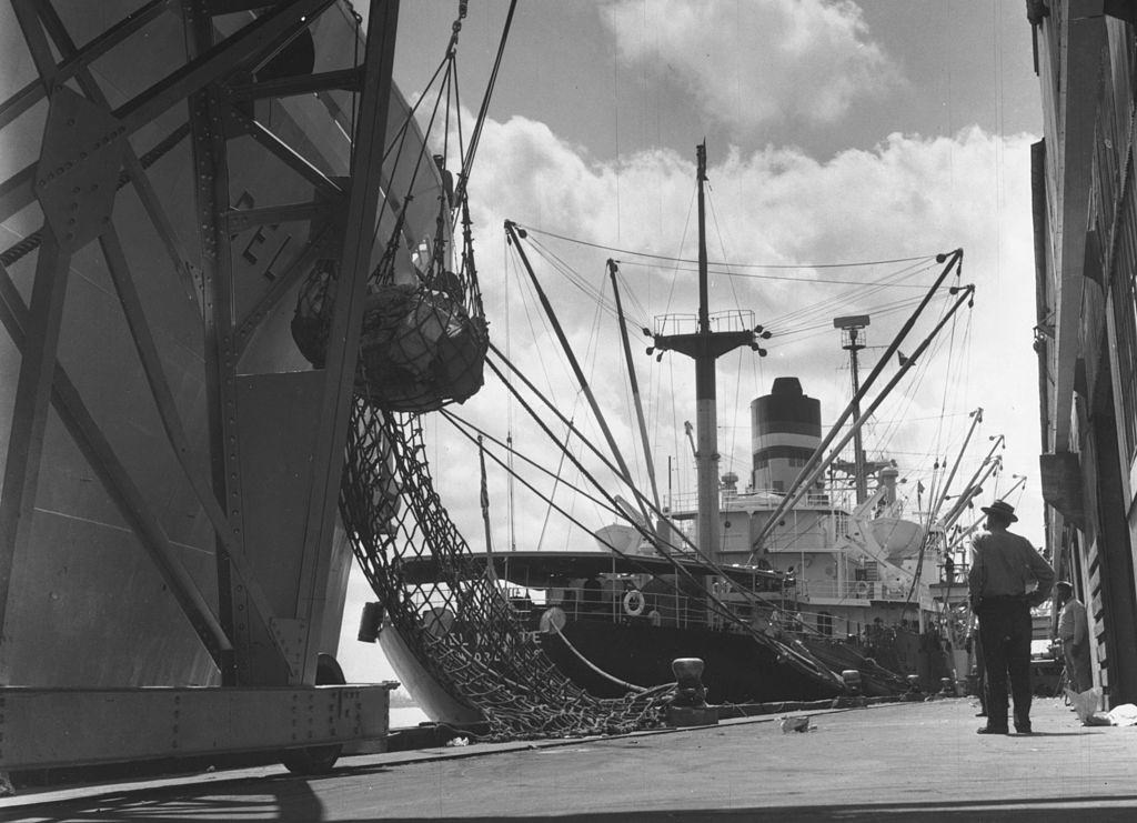 A freighter ship in the port of New Orleans, 1950.