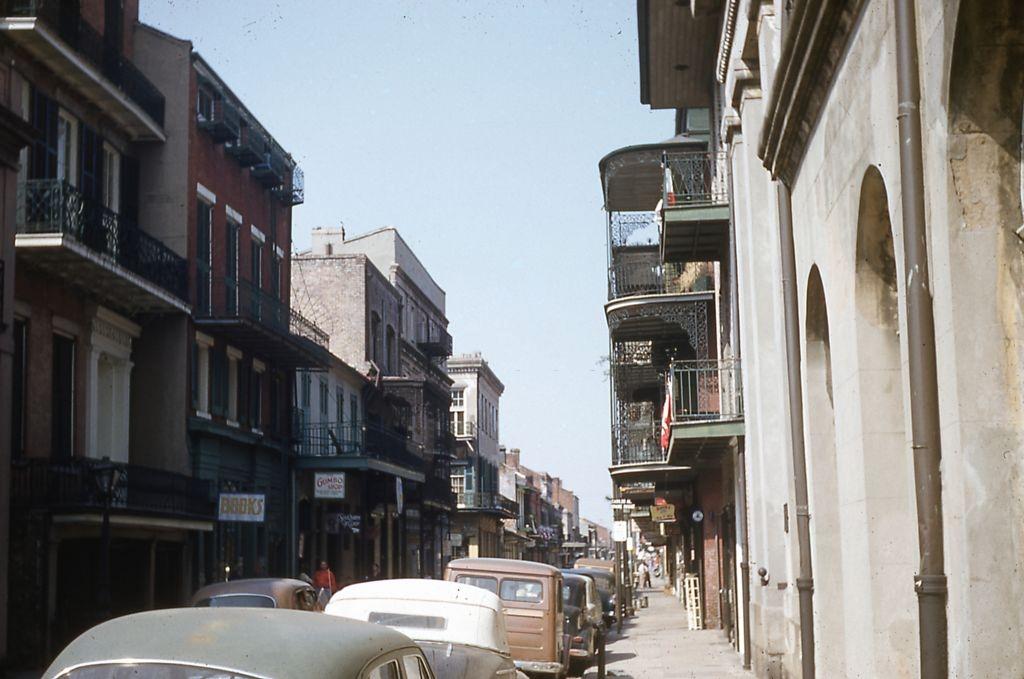 View facing northwest of Saint Peter Street, in the French Quarter of New Orleans, June, 1953.
