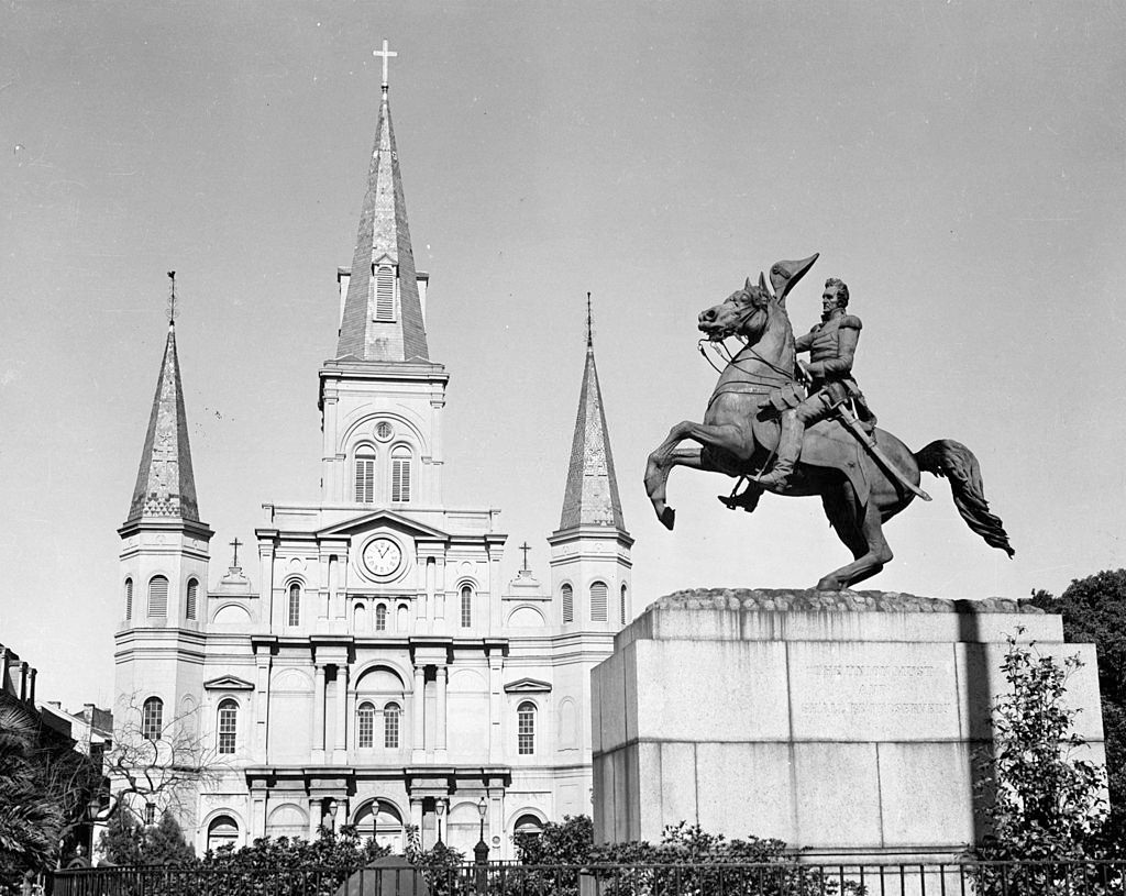 St. Louis Cathedral and Andrew Jackson Statue in Jackson Square in New Orleans, 1950