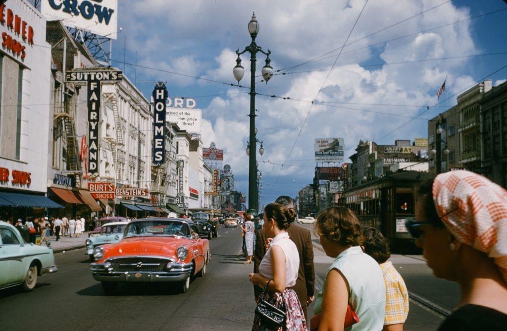 A street view of Canal street in New Orleans, 1957.