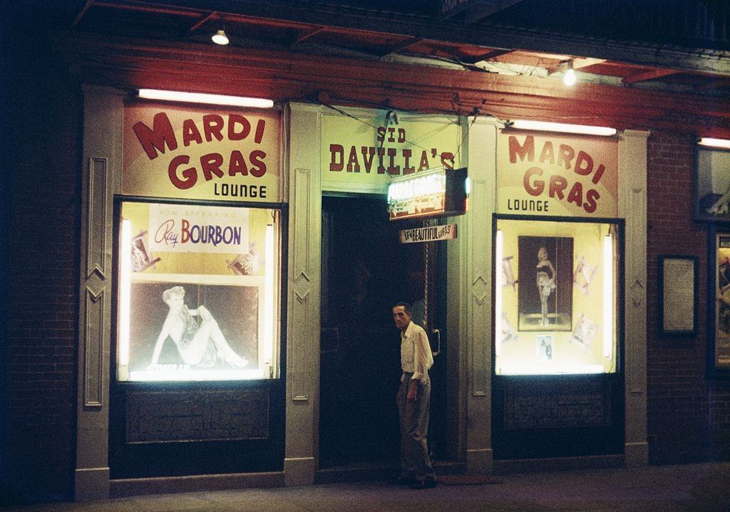 Exterior of 'The Mardi Gras Lounge' On Bourbon Street in New Orleans, 1957.