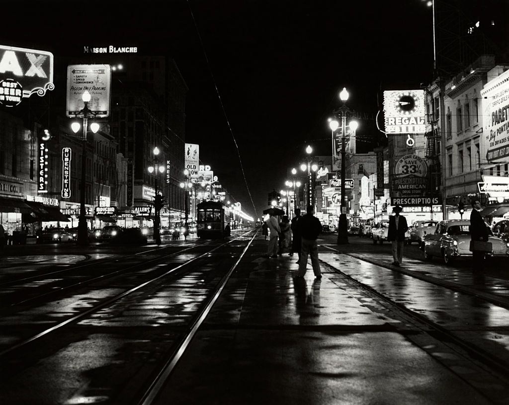 Night Canal Street scene, New Orleans, 1950s