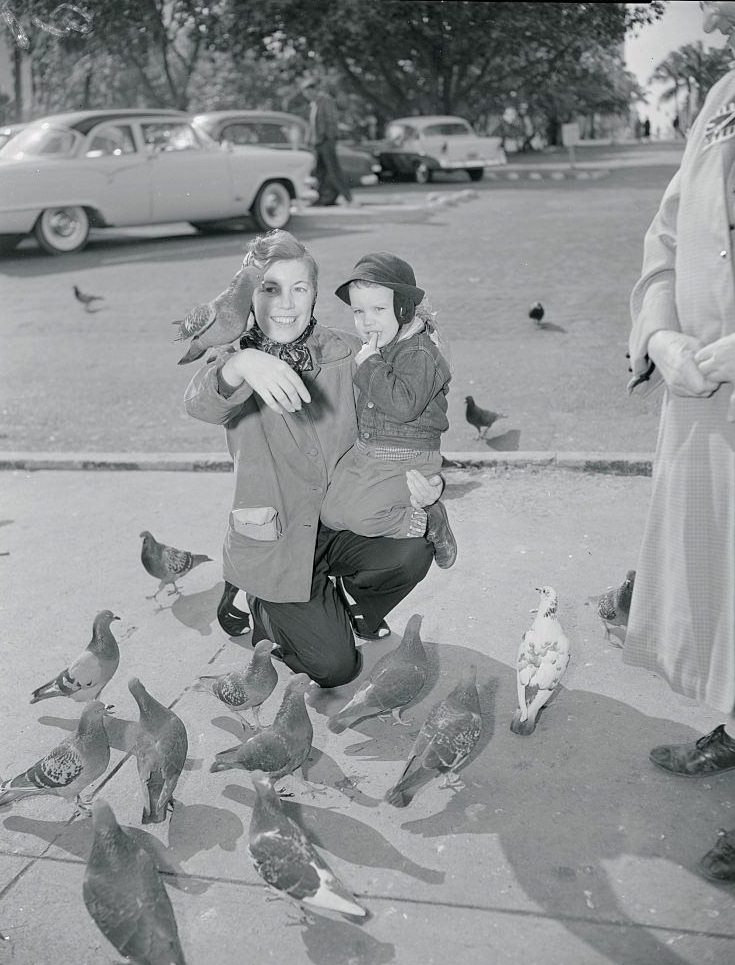Mother and Son Feeding Pigeons, New Orleans, 1950s