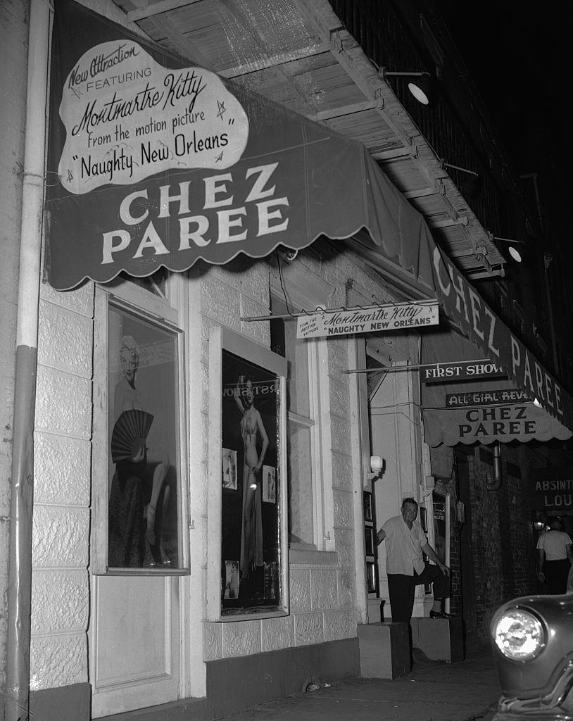 This is an exterior view of the Chez Paree night club in the French Quarter in New Orleans, 1950s.