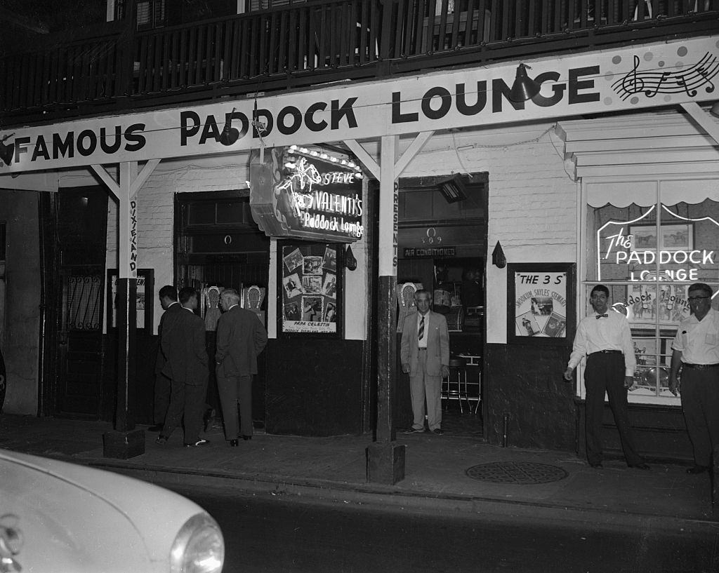 Exterior view of the Paddock Lounge in the Latin quarter, New Orleans, 1950s.