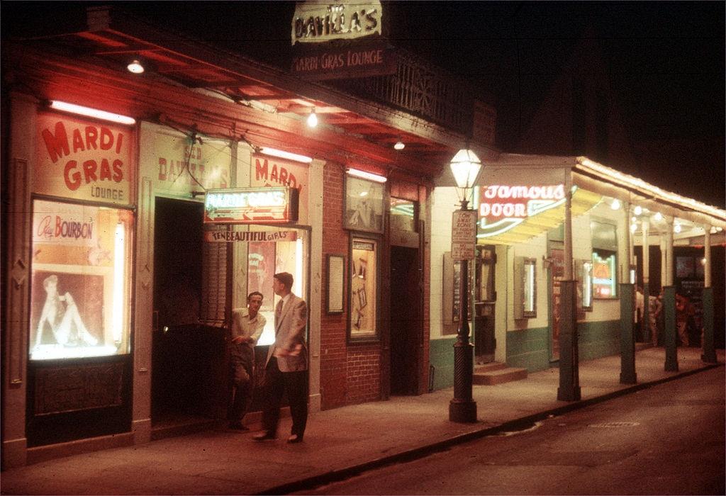 Exterior of 'The Mardi Gras Lounge' On Bourbon Street on May 16, 1957 in New Orleans, Louisiana.
