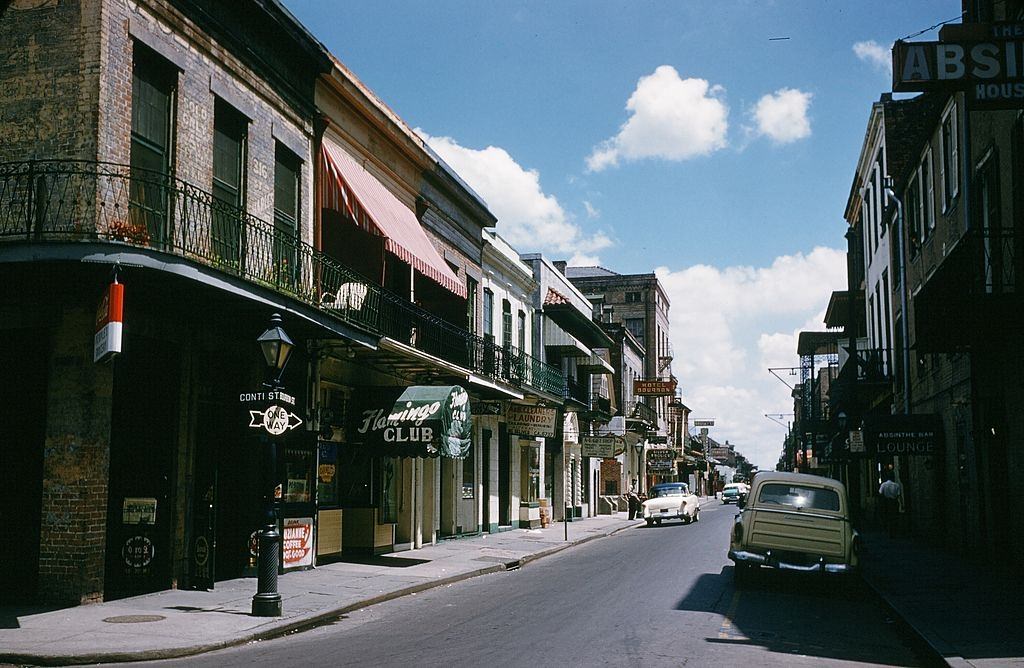 A view down Bourbon street and the Flamingo club in New Orleans, 1957.