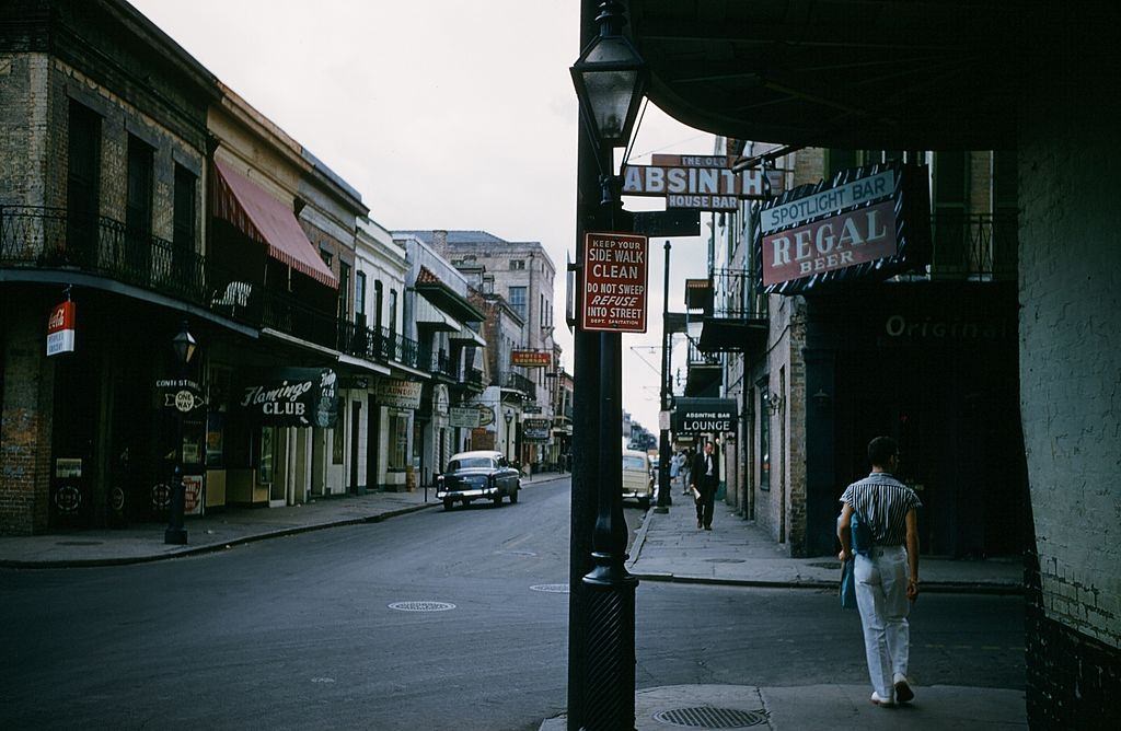 A view down Bourbon street and the Flamingo club in New Orleans, 1957.