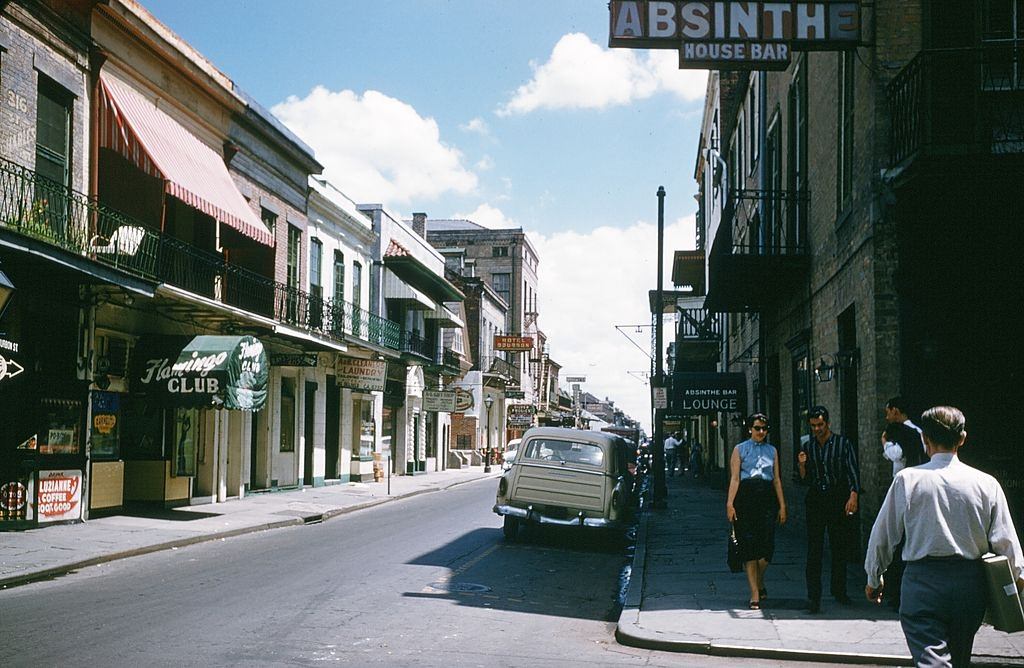 A view down Bourbon street and the Flamingo club in New Orleans, Louisiana in May 16, 1957.