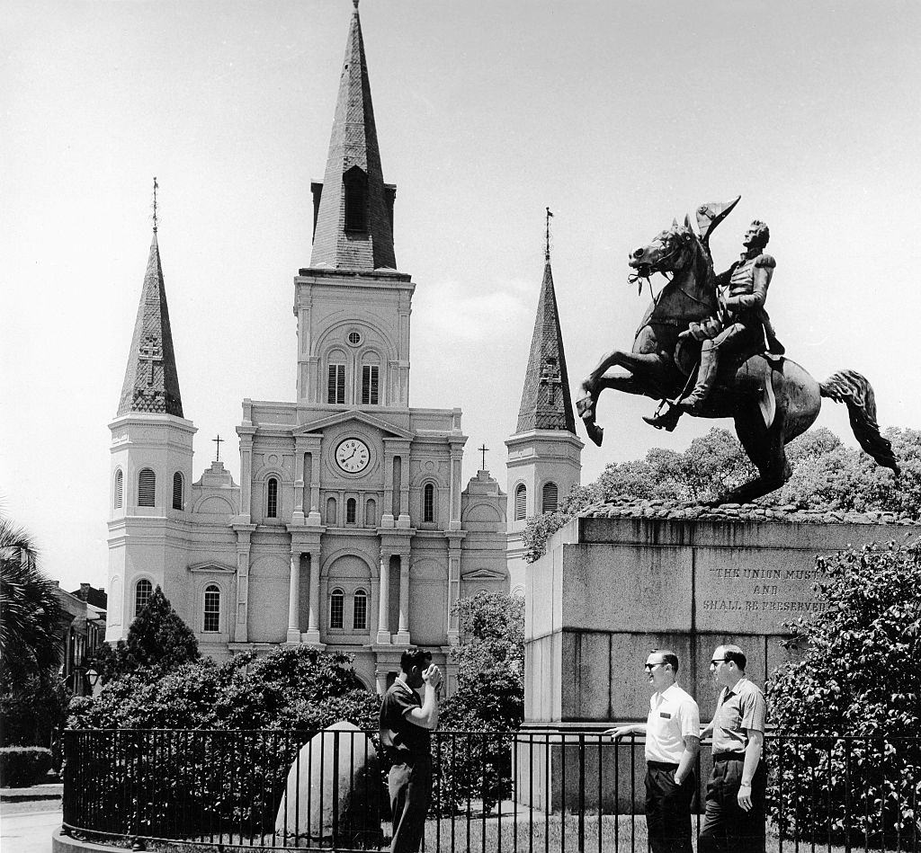 View of Saint Louis Cathedral at Jackson Square, in front the statue of Major General Andrew Jackson, New Orleans, 1959.