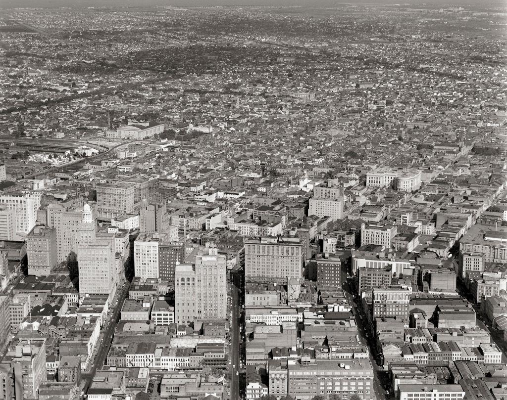 Aerial view of new orleans, circa January 8, 1957, New Orleans, Louisiana.